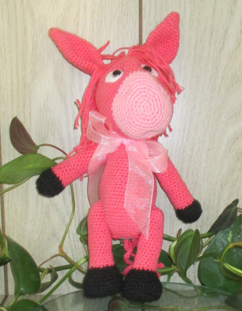 Crocheted donkey toy plush pink donkey donkey in a bow pink Etsy