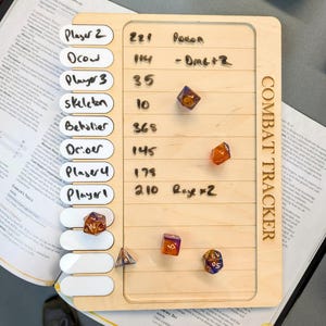 May include: A wooden combat tracker with labeled slots and handwritten notes. Several multi-sided dice are scattered across the surface. The text "COMBAT TRACKER" is printed vertically on the right side.