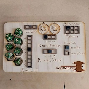 Deluxe Handmade Laser Cut Wooden Barbarian Class Board for Dungeons and Dragons. Dice, Stats, Abilities, and Trackers with dice slots