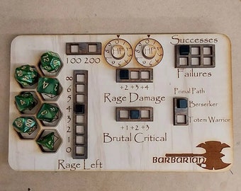 Deluxe Handmade Laser Cut Wooden Barbarian Class Board for Dungeons and Dragons. Dice, Stats, Abilities, and Trackers with dice slots