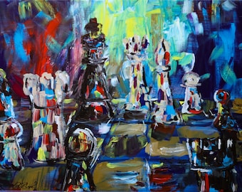 Original Painting -- Checkmate in Repose, colorful acrylic work on canvas