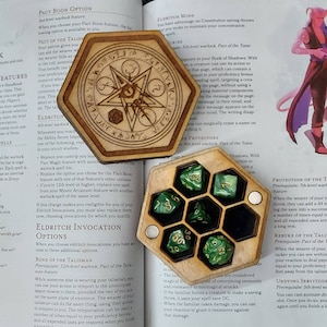 Handmade Warlock Themed Wooden Dicebox for 7 Polyhedral Dice--multiple colors/styles available, dice upgrade