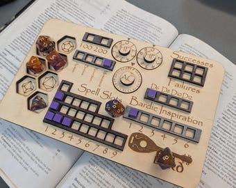 Deluxe Handmade Laser Cut Wooden Bard Class Board for Dungeons and Dragons 2024 update 5.5e. Stats, Abilities, and Trackers with dice slots