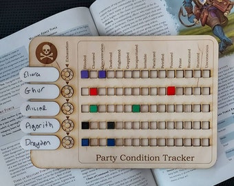 Handmade Wooden Status Condition Tracker for D&D, dnd, dungeons and dragons 5e and roleplaying games. Read description