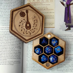 Handmade Bard Themed Wooden Dicebox for 7 Polyhedral Dice--multiple colors/styles available, dice upgrade