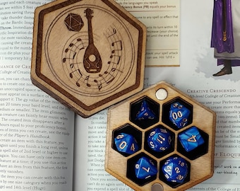 Handmade Bard Themed Wooden Dicebox for 7 Polyhedral Dice--multiple colors/styles available, dice upgrade