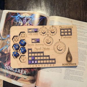 2024 5.5e Deluxe Handmade Laser Cut Wooden Sorcerer Class Board for Dungeons and Dragons. Dice, Stats, Abilities, and Trackers dice slots