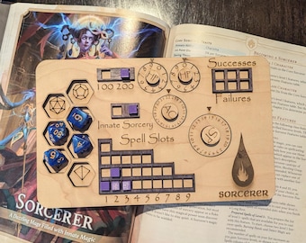 2024 5.5e Deluxe Handmade Laser Cut Wooden Sorcerer Class Board for Dungeons and Dragons. Dice, Stats, Abilities, and Trackers dice slots