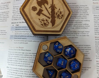 Handmade Barbarian Fighter Warrior  Themed Wooden Dicebox for 7 Polyhedral Dice--multiple colors/styles available, dice upgrade