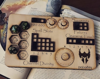 Deluxe Handmade Laser Cut Wooden Paladin Class Board for Dungeons and Dragons. Dice, Stats, Abilities, and Trackers with dice slots