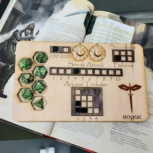 Deluxe Handmade Laser Cut Wooden Rogue Arcane Trickster Class Board for Dungeons and Dragons. Dice, Stats, and Trackers with dice slots