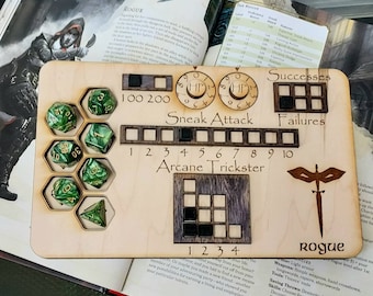 Deluxe Handmade Laser Cut Wooden Rogue Arcane Trickster Class Board for Dungeons and Dragons. Dice, Stats, and Trackers with dice slots