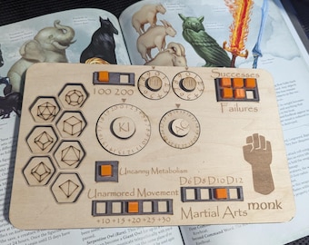 2024 5.5e Deluxe Handmade Laser Cut Wooden monk Class Board for Dungeons and Dragons. Dice, Stats, Abilities, and Trackers dice slots
