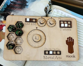 Deluxe Handmade Laser Cut Wooden Monk Class Board for Dungeons and Dragons. Dice, Stats, Abilities, and Trackers with dice slots
