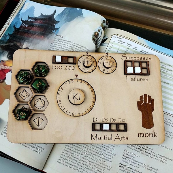 Deluxe Handmade Laser Cut Wooden Monk Class Board for Dungeons and Dragons. Dice, Stats, Abilities, and Trackers with dice slots