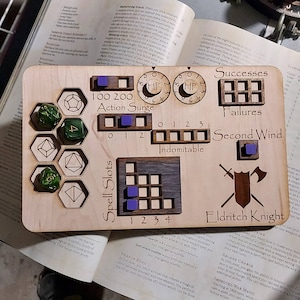 Deluxe Handmade Laser Cut Wooden Eldritch Knight Fighter Class Board for Dungeons and Dragons. Dice, Stats, Abilities, and Trackers