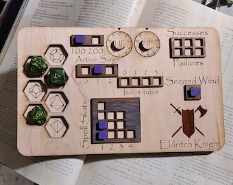 Deluxe Handmade Laser Cut Wooden Eldritch Knight Fighter Class Board for Dungeons and Dragons. Dice, Stats, Abilities, and Trackers