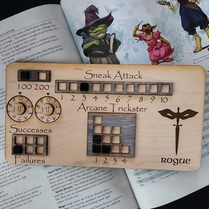Standard Handmade Laser Cut Wooden Rogue Class Board for Dungeons and Dragons. Dice, Stats, Abilities, and Trackers