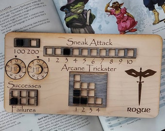 Standard Handmade Laser Cut Wooden Rogue Class Board for Dungeons and Dragons. Dice, Stats, Abilities, and Trackers