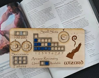 Standard Handmade Laser Cut Wooden Wizard Class Board for Dungeons and Dragons. Dice, Stats, Abilities, and Trackers