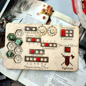 Deluxe Handmade Laser Cut Wooden Fighter Class Board for Dungeons and Dragons. Dice, Stats, Abilities, and Trackers with dice slots