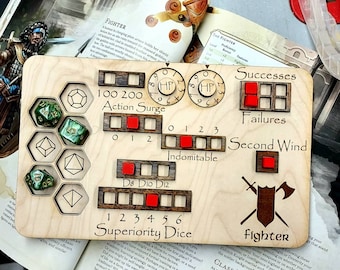 Deluxe Handmade Laser Cut Wooden Fighter Class Board for Dungeons and Dragons. Dice, Stats, Abilities, and Trackers with dice slots