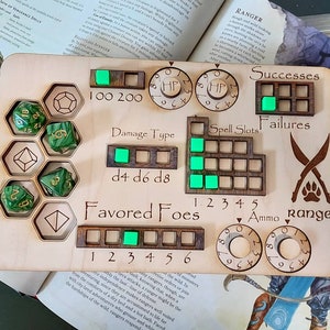 Deluxe Handmade Laser Cut Wooden Ranger Class Board for Dungeons and Dragons. Dice, Stats, Abilities, and Trackers with dice slots