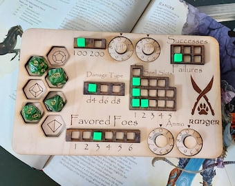 Deluxe Handmade Laser Cut Wooden Ranger Class Board for Dungeons and Dragons. Dice, Stats, Abilities, and Trackers with dice slots