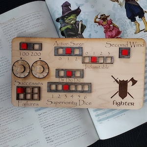 Standard Handmade Laser Cut Wooden Fighter Class Board for Dungeons and Dragons. Dice, Stats, Abilities, and Trackers