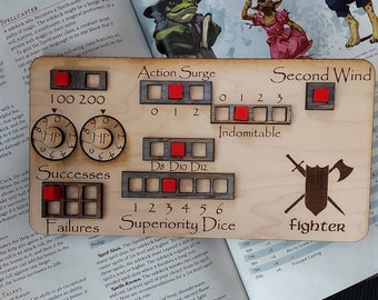 Standard Handmade Laser Cut Wooden Fighter Class Board for Dungeons and Dragons. Dice, Stats, Abilities, and Trackers