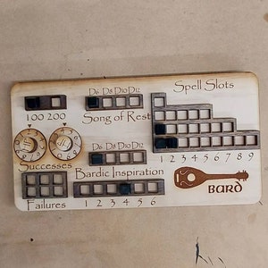 Standard Handmade Laser Cut Wooden Bard Class Board for Dungeons and Dragons. Dice, Stats, Abilities, and Trackers