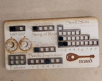 Standard Handmade Laser Cut Wooden Bard Class Board for Dungeons and Dragons. Dice, Stats, Abilities, and Trackers