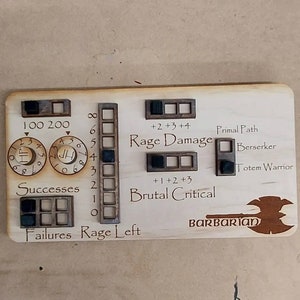 Standard Handmade Laser Cut Wooden Barbarian Class Board for Dungeons and Dragons. Dice, Stats, Abilities, and Trackers