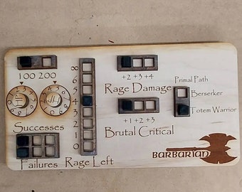 Standard Handmade Laser Cut Wooden Barbarian Class Board for Dungeons and Dragons. Dice, Stats, Abilities, and Trackers