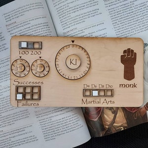 Standard Handmade Laser Cut Wooden Monk Class Board for Dungeons and Dragons. Dice, Stats, Abilities, and Trackers
