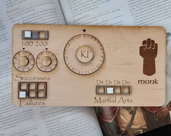 Standard Handmade Laser Cut Wooden Monk Class Board for Dungeons and Dragons. Dice, Stats, Abilities, and Trackers