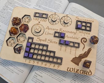 Deluxe Handmade Laser Cut Wooden Wizard updated 2024 Class Board for Dungeons and Dragons. Dice, Stats, Abilities,  Trackers with dice slots