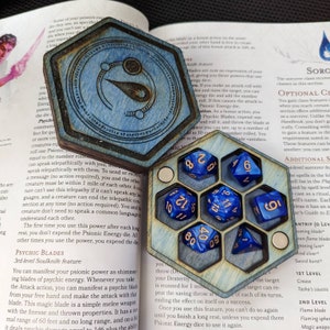 Handmade Sorcerer Themed Wooden Dicebox for 7 Polyhedral Dice--multiple colors/styles available, dice upgrade