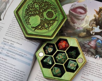 Handmade Druid Themed Wooden Dicebox for 7 Polyhedral Dice--multiple colors/styles available, dice upgrade