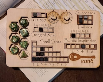 Deluxe Handmade Laser Cut Wooden Bard Class Board for Dungeons and Dragons. Stats, Abilities, and Trackers with dice slots