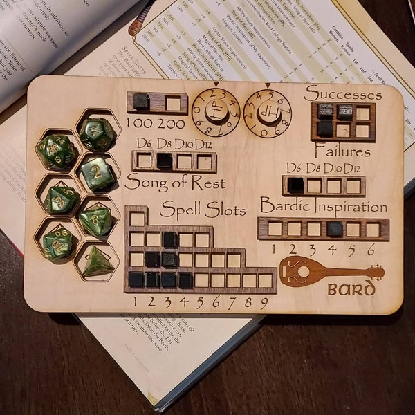 Deluxe Handmade Laser Cut Wooden Bard Class Board for Dungeons and Dragons. Stats, Abilities, and Trackers with dice slots
