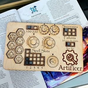 Deluxe Handmade Laser Cut Wooden Artificer Class Board for Dungeons and Dragons. Dice, Stats, Abilities, and Trackers with dice slots