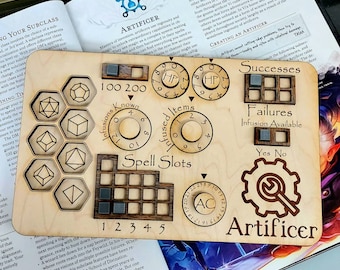 Deluxe Handmade Laser Cut Wooden Artificer Class Board for Dungeons and Dragons. Dice, Stats, Abilities, and Trackers with dice slots