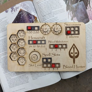 Deluxe Handmade Laser Cut Wooden Blood HunterClass Board for Dungeons and Dragons. Dice, Stats, Abilities, and Trackers with dice slots