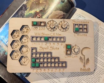 Deluxe 2024 5.5e Handmade Laser Cut Wooden Druid Class Board for Dungeons and Dragons. Dice, Stats, Abilities, and Trackers with dice slots