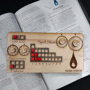 Standard Handmade Laser Cut Wooden Sorcerer Class Board for Dungeons and Dragons. Dice, Stats, Abilities, and Trackers