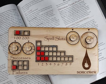 Standard Handmade Laser Cut Wooden Sorcerer Class Board for Dungeons and Dragons. Dice, Stats, Abilities, and Trackers
