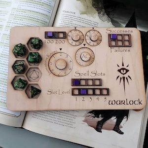 Deluxe Handmade Laser Cut Wooden Warlock Class Board for Dungeons and Dragons. Dice, Stats, Abilities, and Trackers with dice slots