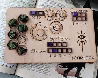 Deluxe Handmade Laser Cut Wooden Warlock Class Board for Dungeons and Dragons. Dice, Stats, Abilities, and Trackers with dice slots