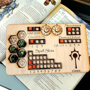 Deluxe Handmade Laser Cut Wooden Cleric Class Board for Dungeons and Dragons. Dice, Stats, Abilities, and Trackers with dice slots